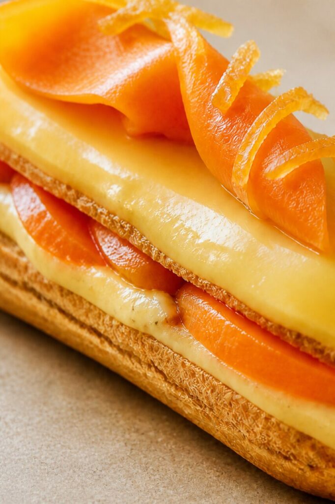 Zestes confits mêlés aux lamelles de papaye sur l’éclair au yuzu