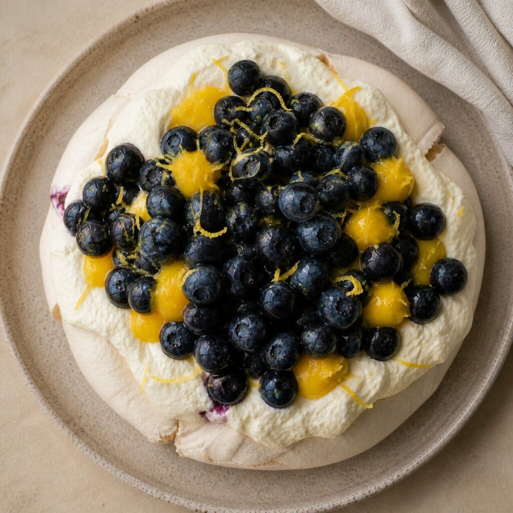 Raspa de limão sobre o creme da pavlova de mirtilos