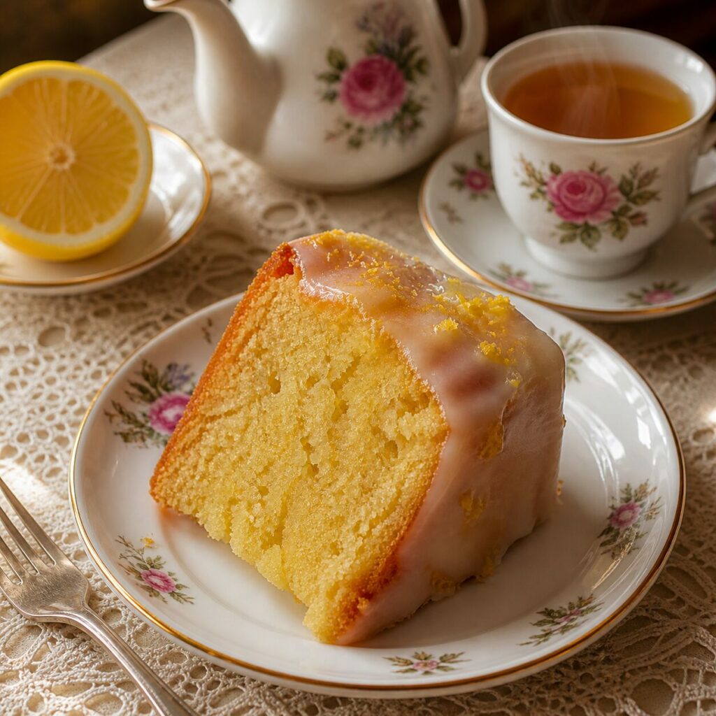 Zestes fins ponctuant le lemon drizzle cake, théière à proximité