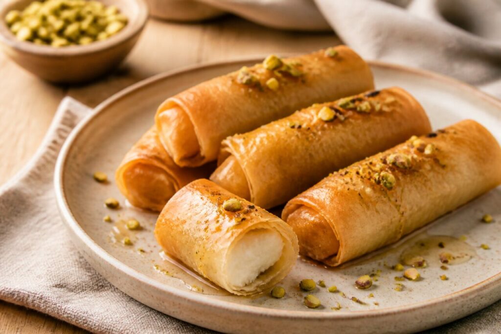 Znoud el sit libanais, rouleaux dorés de pâte filo à la crème et au sirop